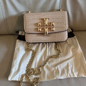 Tory Burch Pale Beige Croc-Embossed Leather Crossbody with Gold Hardware